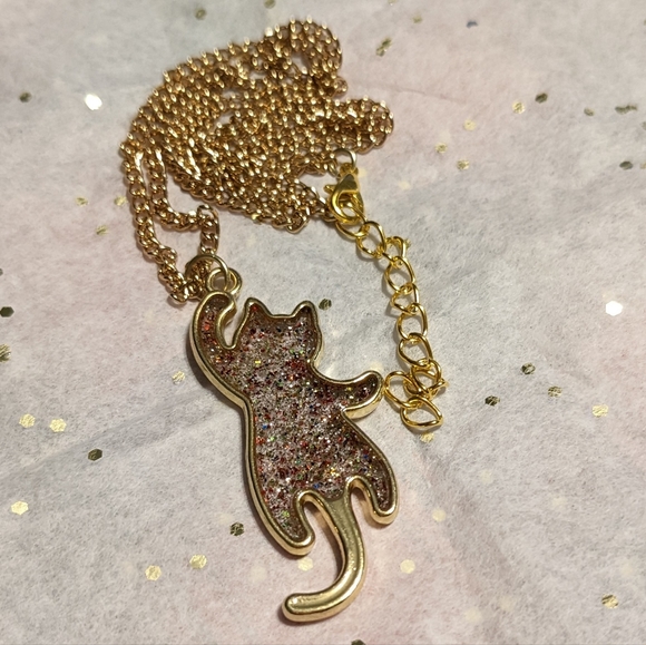 Sparkly Cat Necklace Glitter Handmade Cute Gift Gold Cats Pet Kitty Cats Unique - Picture 4 of 7
